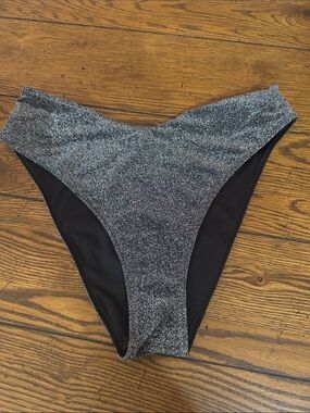 PINK Victoria's Secret Shimmer High-Cut Bikini Bottom - Silver/Black, L, New